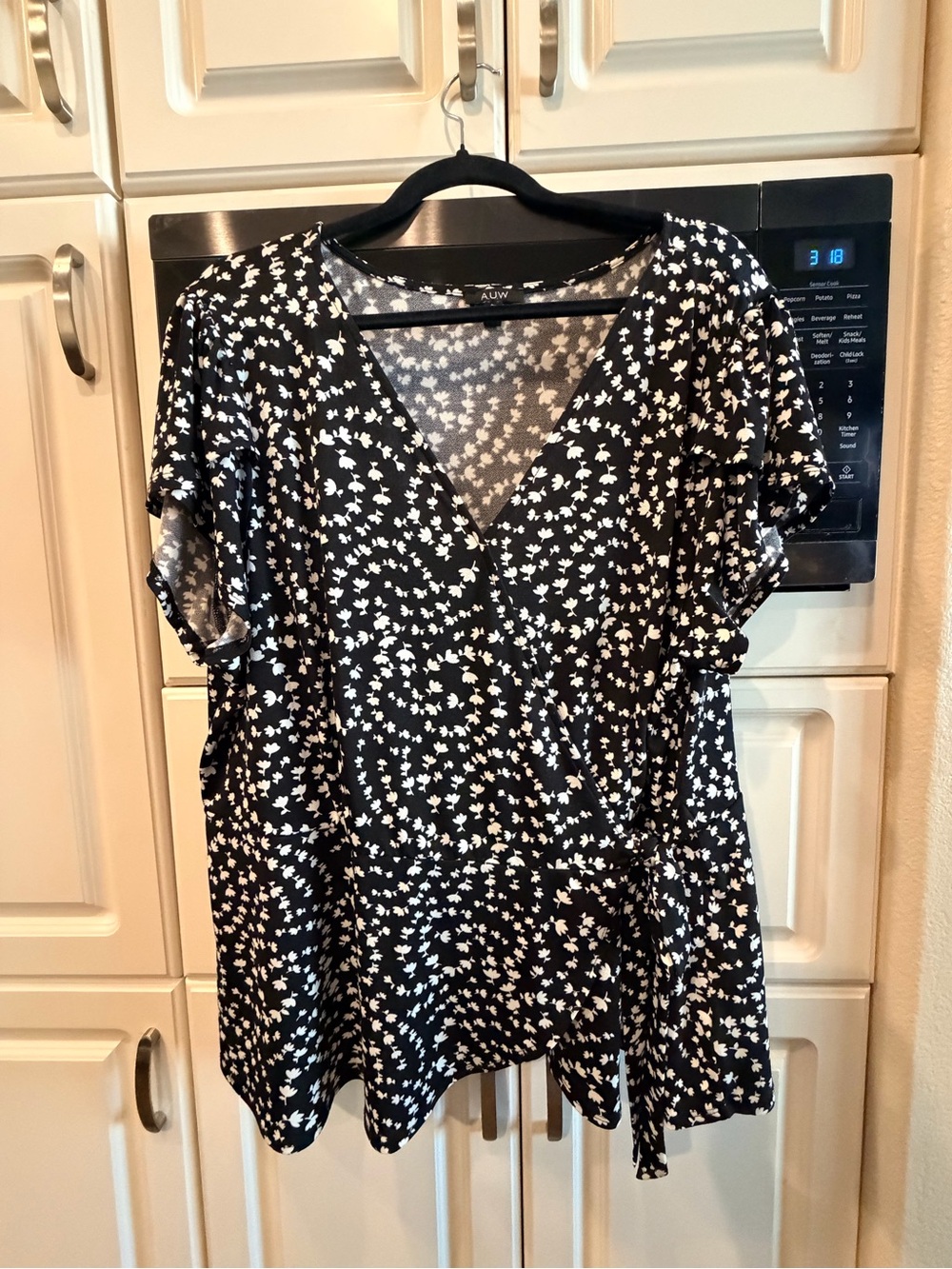 AUW Black Floral Tie-Waist Wrap Blouse